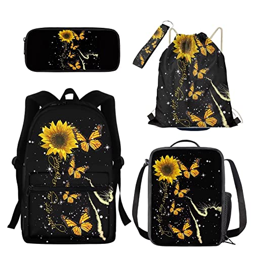 xixirimido 5 Stück Kinder Schultasche Lunchbox Federmäppchen Kordelzug Büchertasche Schlüsselanhänger, Sonnenblumen-Schmetterling, Einheitsgröße, Lässiger Tagesrucksack von xixirimido