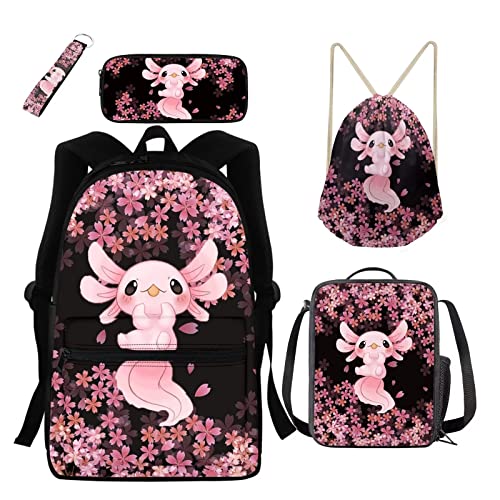 xixirimido 5-in-1 Kinder Schulrucksack Büchertasche Isolierte Lunchtasche Federmäppchen Schlüsselanhänger Kordelzug Tagesrucksack, Axolotl Kirschblüte, Einheitsgröße, Lässiger Tagesrucksack von xixirimido