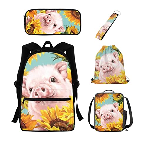 xixirimido 5-in-1 Kinder Schulrucksack Büchertasche Isolierte Lunchtasche Federmäppchen Schlüsselanhänger Kordelzug Tagesrucksack, Sonnenblumenschwein, Einheitsgröße, Lässiger Tagesrucksack von xixirimido