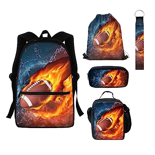 xixirimido 5-in-1 Kinder Schulrucksack Büchertasche Isolierte Lunchtasche Federmäppchen Schlüsselanhänger Kordelzug Tagesrucksack, Water Fire Rugby, Einheitsgröße, Lässiger Tagesrucksack von xixirimido