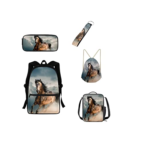 xixirimido 5-teiliges Kinder-Schulranzen-Set, Büchertaschen-Set, Lunch-Tasche, Federmäppchen, Schlüsselanhänger, Kordelzug, Rucksack, Laufpferd, Einheitsgröße, Lässiger Tagesrucksack von xixirimido