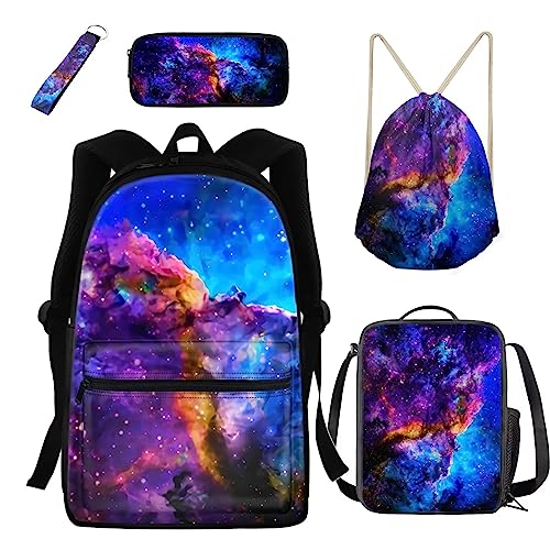 xixirimido 5-teiliges Kinder-Schulranzen-Set, Büchertaschen-Set, Lunch-Tasche, Federmäppchen, Schlüsselanhänger, Kordelzug, Rucksack, Lila Galaxy, Einheitsgröße, Lässiger Tagesrucksack von xixirimido