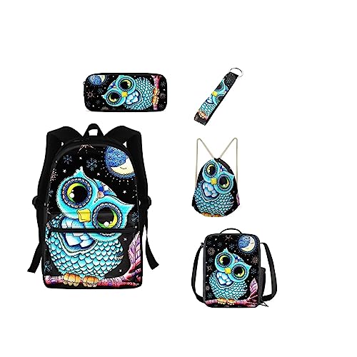 xixirimido 5-teiliges Kinder-Schulranzen-Set, Büchertaschen-Set, Lunch-Tasche, Federmäppchen, Schlüsselanhänger, Kordelzug, Rucksack, eule, Einheitsgröße, Lässiger Tagesrucksack von xixirimido