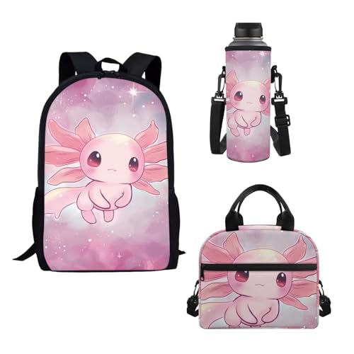 xixirimido Axolotl Rucksäcke für Schule, Mädchen, Lunch-Tasche, Flaschenhalter, 3-teilig, groß, langlebig, Rosa Axolotl, Einheitsgröße, Lässiger Tagesrucksack von xixirimido