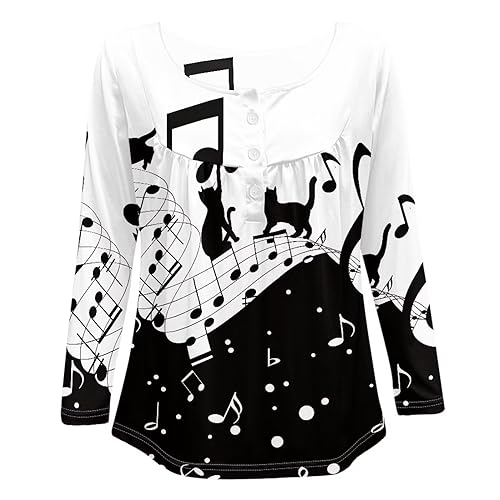xixirimido Blusen Knopf Hemd Langarm Down Damen Erwachsene Casual Sweatshirts Tunika V-Ausschnitt T-Shirt Pullover Lose, Musikalische Katze, 3X-Groß von xixirimido