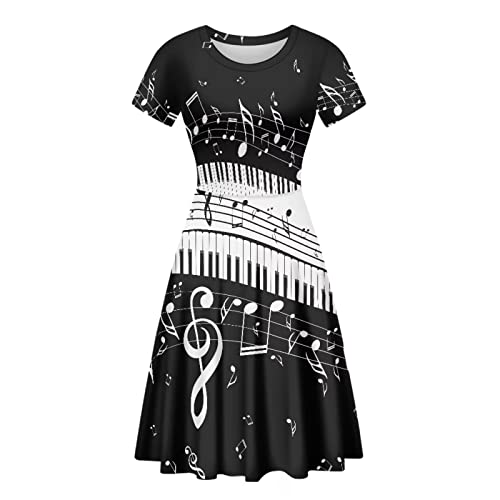 xixirimido Damen Freizeitkleid Kurzarm Midi-Länge A-Linie Swing Puffy Kleider Übergröße S-4XL, Musiknote, L von xixirimido