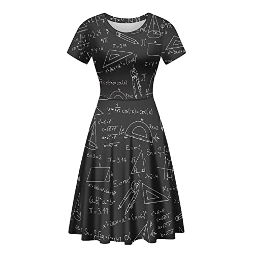 xixirimido Damen Freizeitkleid Kurzarm Midi-Länge A-Linie Swing Puffy Kleider Übergröße S-4XL, Schwarz Mathematik, L von xixirimido