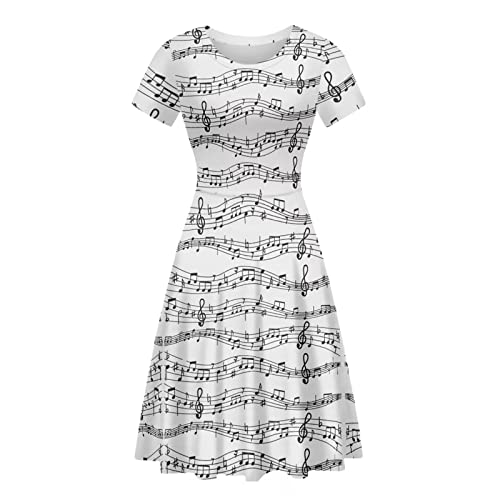 xixirimido Damen Freizeitkleid Kurzarm Midi-Länge A-Linie Swing Puffy Kleider Übergröße S-4XL, Weiße Musiknote, Small von xixirimido