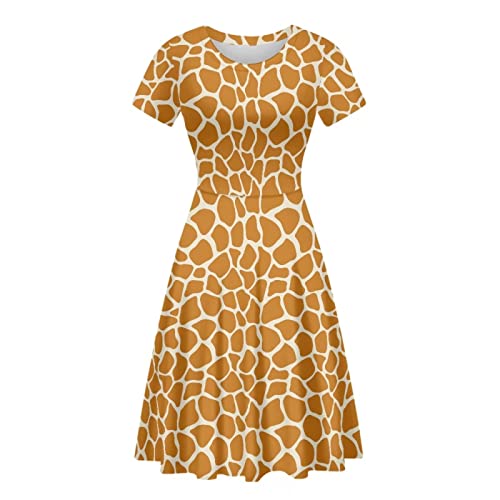 xixirimido Lässiges Damenkleid, Midi-Länge, elegant, Swing, Puffy, Sommerkleid, A-Linie, Übergröße S-4XL, Giraffenmuster, L von xixirimido