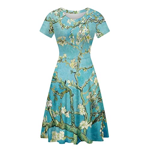 xixirimido Damen Freizeitkleid Midi-Länge Elegant Swing Puffy Sommerkleid A-Linie Plus Size S-4XL, Van Gogh Mandelblüte, L von xixirimido
