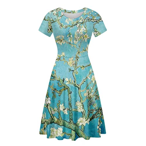 xixirimido Damen Freizeitkleid Midi-Länge Elegant Swing Puffy Sommerkleid A-Linie Plus Size S-4XL, Van Gogh Mandelblüte, X-Large von xixirimido