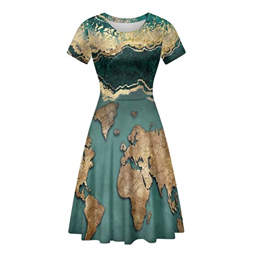 xixirimido Damen Freizeitkleid Midilänge Elegant Swing Puffy Sommerkleid A-Linie Übergröße S-4XL, Ahorn-Weltkarte, L von xixirimido