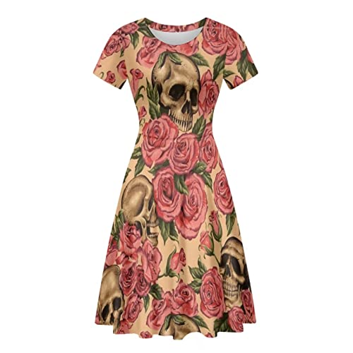 xixirimido Damen Freizeitkleid Midilänge Elegant Swing Puffy Sommerkleid A-Linie Übergröße S-4XL, Totenkopf Rose, XXXXL von xixirimido