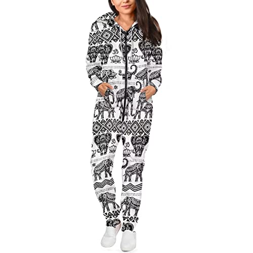 xixirimido Damen Herren Pyjama Einteiler Langarm Kapuze Jumpsuit Einteiler, elefant, XL von xixirimido