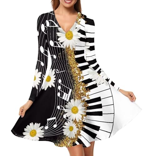 xixirimido Damen Midikleid V-Ausschnitt Langarm Casual Urlaub Kleider A-Linie Übergröße S-4XL, Musik Klavier Sonnenblume, XX-Large von xixirimido