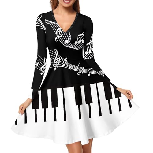 xixirimido Damen Midikleid V-Ausschnitt Langarm Casual Urlaub Kleider A-Linie Übergröße S-4XL, Musik-Klavier-Tastatur, Medium von xixirimido
