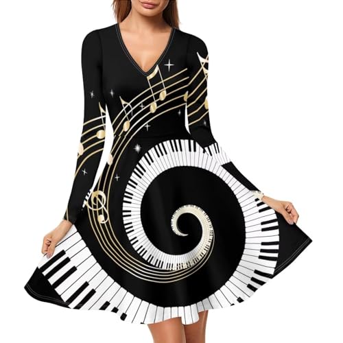 xixirimido Damen Midikleid V-Ausschnitt Langarm Casual Urlaub Kleider A-Linie Übergröße S-4XL, Musiknote, L von xixirimido