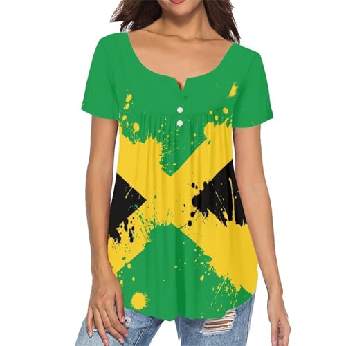 xixirimido Damen Sommer Tunika Top Kurzarm Verstecken Bauch Lose Button Down Blusen, Jamaika-Flagge, M von xixirimido