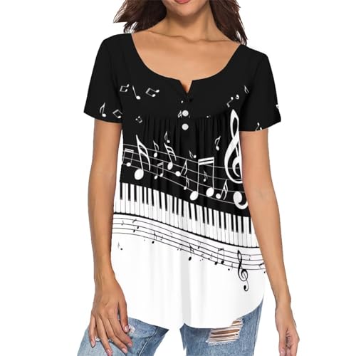 xixirimido Damen Sommer Tunika Top Kurzarm Verstecken Bauch Lose Button Down Blusen, Musiknote, X-Large von xixirimido