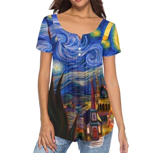 xixirimido Damen Sommer Tunika Top Kurzarm Verstecken Bauch Lose Button Down Blusen, Van Gogh Sternennacht, XXX-Large von xixirimido
