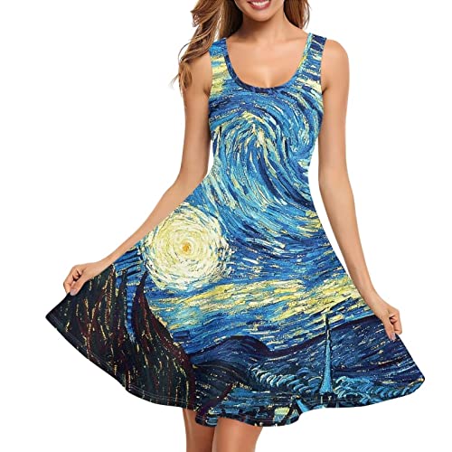 xixirimido Damen Sommerkleid Ärmellos U-Ausschnitt Sexy Weste Tank Kleider mit Taschen Bequem, Van Gogh Sternennacht, X-Large von xixirimido