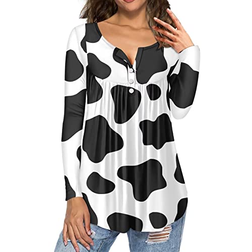 xixirimido Damen V-Ausschnitt Langarm Shirt Blusen Button Down Loose Fit, Kuhmuster, XXX-Large von xixirimido