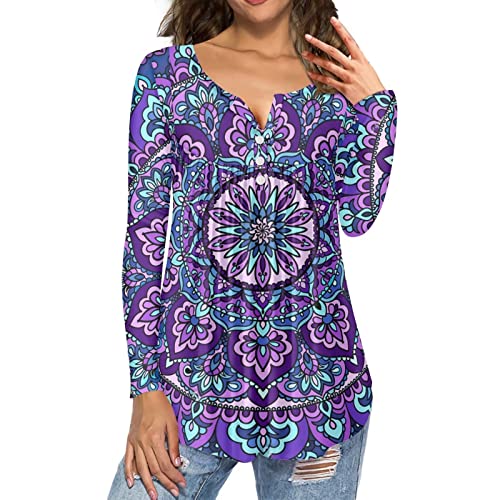xixirimido Damen V-Ausschnitt Langarm Shirt Blusen Button Down Loose Fit, Mandala, Large von xixirimido