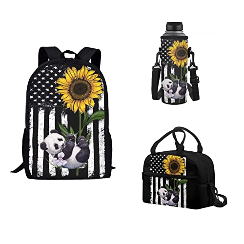xixirimido Kinder Schulranzen Set mit 3 isolierten Lunch-Handtaschen große Flaschenabdeckung für Jungen Mädchen, Panda Sonnenblume, Einheitsgröße, Lässiger Tagesrucksack von xixirimido