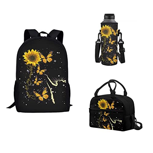 xixirimido Kinder Schulranzen Set mit 3 isolierten Lunch-Handtaschen große Flaschenabdeckung für Jungen Mädchen, Sonnenblumen-Schmetterling, Einheitsgröße, Lässiger Tagesrucksack von xixirimido