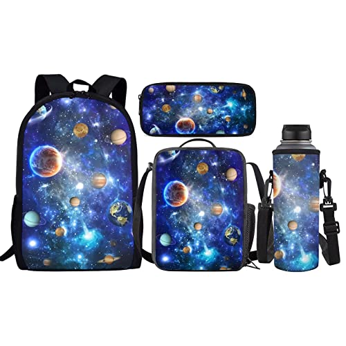 xixirimido Kinder Schulrucksack Büchertasche Set Lunch Tote Federmäppchen Flaschenhalter 4 in 1, Planet Universe, Einheitsgröße, Lässiger Tagesrucksack von xixirimido