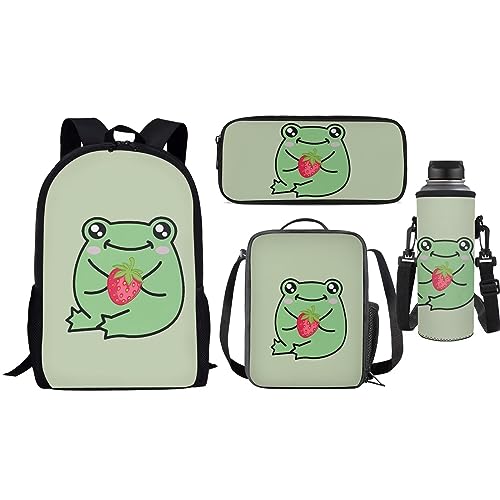 xixirimido Kinder Schulrucksack Büchertasche Set Mittagessen Tote Federmäppchen Flaschenhalter 4 in 1, Frosch Erdbeere, Einheitsgröße, Lässiger Tagesrucksack von xixirimido