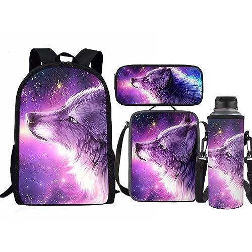 xixirimido Kinder Schulrucksack Büchertasche Set Mittagessen Tote Federmäppchen Flaschenhalter 4 in 1, Galaxie-Wolf-Design, Einheitsgröße, Lässiger Tagesrucksack von xixirimido