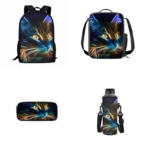 xixirimido Kinder Schulrucksack Büchertasche Set Mittagessen Tote Federmäppchen Flaschenhalter 4 in 1, Galaxy Cat, Einheitsgröße, Lässiger Tagesrucksack von xixirimido