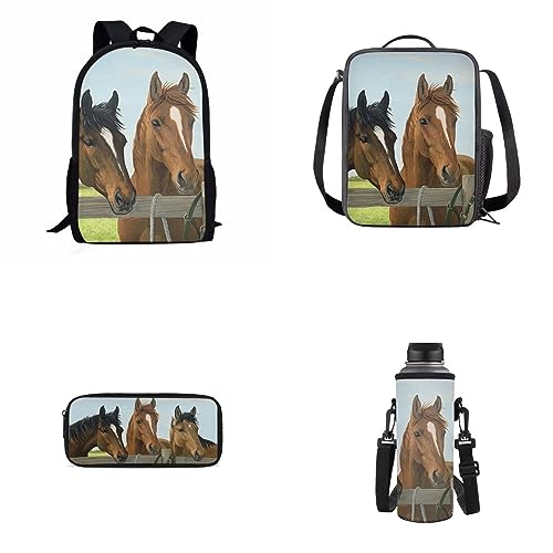 xixirimido Kinder Schulrucksack Büchertasche Set Mittagessen Tote Federmäppchen Flaschenhalter 4 in 1, Zwei Pferde, Einheitsgröße, Lässiger Tagesrucksack von xixirimido