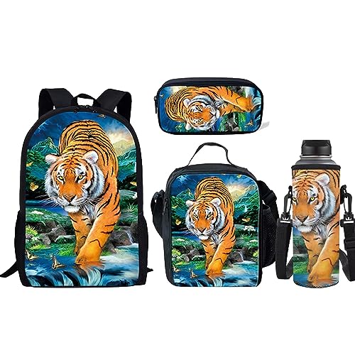 xixirimido Kinder Schulrucksack Büchertasche Set Mittagessen Tote Federmäppchen Flaschenhalter 4 in 1, tiger, Einheitsgröße, Lässiger Tagesrucksack von xixirimido