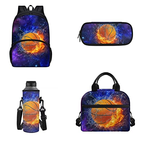 xixirimido Kinder Schulrucksack Büchertasche Set Wasserflaschenhalter Isolierte Lunchbox Federmäppchen 4 Stück, Galaxy Basketball, Einheitsgröße, Lässiger Tagesrucksack von xixirimido