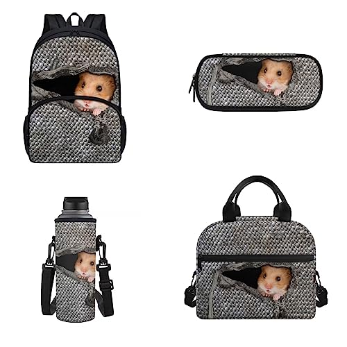 xixirimido Kinder Schulrucksack Büchertasche Set Wasserflaschenhalter Isolierte Lunchbox Federmäppchen 4 Stück, Hamster, Einheitsgröße, Lässiger Tagesrucksack von xixirimido