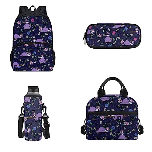 xixirimido Kinder Schulrucksack Büchertasche Set Wasserflaschenhalter Isolierte Lunchbox Federmäppchen 4 Stück, Lila Faultier, Einheitsgröße, Lässiger Tagesrucksack von xixirimido