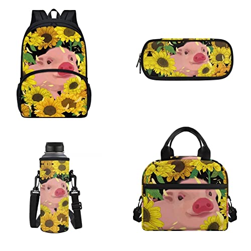 xixirimido Kinder Schulrucksack Büchertasche Set Wasserflaschenhalter Isolierte Lunchbox Federmäppchen 4 Stück, Sunflowre Schwein, Einheitsgröße, Lässiger Tagesrucksack von xixirimido