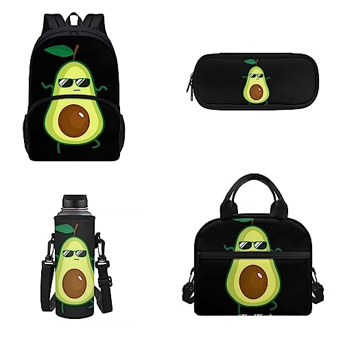 xixirimido Kinder Schulrucksack Büchertasche Set Wasserflaschenhalter Isolierte Lunchbox Federmäppchen 4 Stück, avocado, Einheitsgröße, Lässiger Tagesrucksack von xixirimido