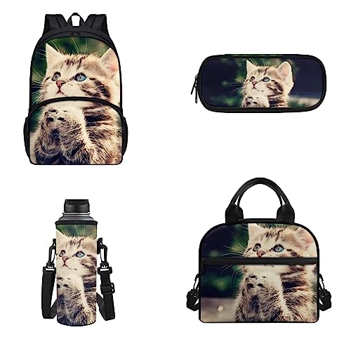 xixirimido Kinder Schulrucksack Büchertasche Set Wasserflaschenhalter Isolierte Lunchbox Federmäppchen 4 Stück, katze, Einheitsgröße, Lässiger Tagesrucksack von xixirimido