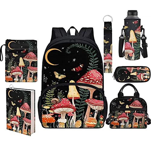 xixirimido Kinder-Schulrucksack-Set, Lunch-Tasche, Federmäppchen, Bucheinband, Flaschenhalter, 17 Stück, mushroom, Einheitsgröße, Lässiger Tagesrucksack von xixirimido