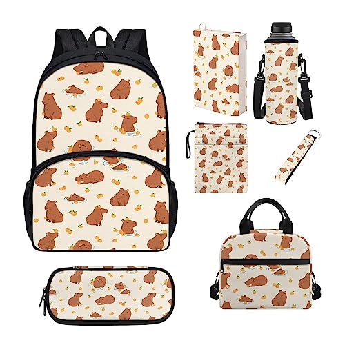 xixirimido Kinder-Schulrucksack-Set, Lunch-Tasche, Federmäppchen, Buchhülle, Flaschenhalter, 17 Stück, Capybara, Einheitsgröße, Lässiger Tagesrucksack von xixirimido