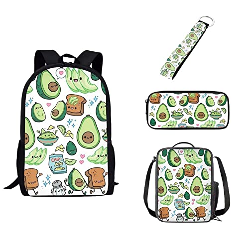 xixirimido Kinder Schulrucksack Set Lunchtasche Federmäppchen Schlüsselanhänger für Jungen Mädchen 4 in 1, Avocadobrot, Einheitsgröße, Lässiger Tagesrucksack von xixirimido