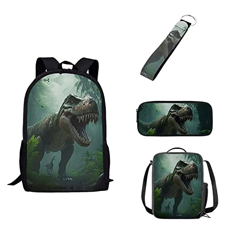 xixirimido Kinder Schulrucksack Set Lunchtasche Federmäppchen Schlüsselanhänger für Jungen Mädchen 4 in 1, Dinosaurier, Einheitsgröße, Lässiger Tagesrucksack von xixirimido