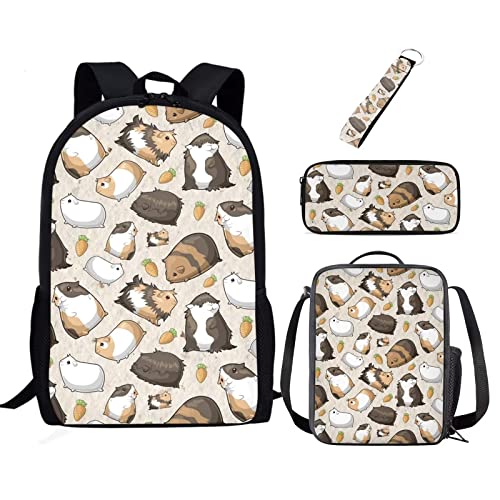 xixirimido Kinder Schulrucksack Set Lunchtasche Federmäppchen Schlüsselanhänger für Jungen Mädchen 4 in 1, Meerschweinchen, Einheitsgröße, Lässiger Tagesrucksack von xixirimido