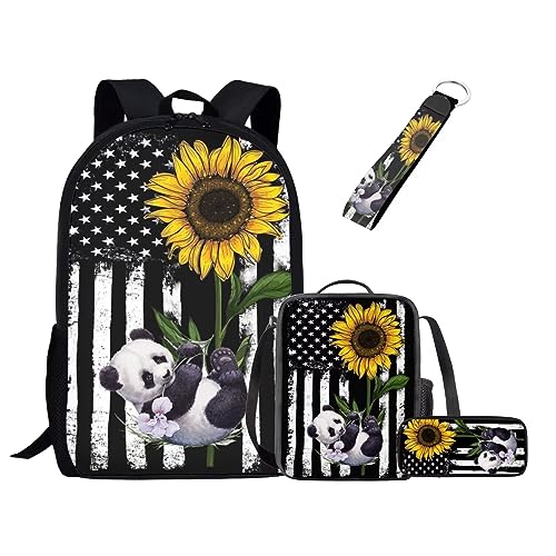 xixirimido Kinder Schulrucksack-Set Lunchtasche Federmäppchen Schlüsselanhänger für Jungen Mädchen 4 in 1, Panda Sonnenblume, Einheitsgröße, Lässiger Tagesrucksack von xixirimido