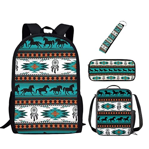xixirimido Kinder-Schulrucksack-Set mit 3 Lunch-Taschen Federmäppchen Schlüsselanhänger für Jungen Mädchen, Aztekenpferd, Einheitsgröße, Lässiger Tagesrucksack von xixirimido