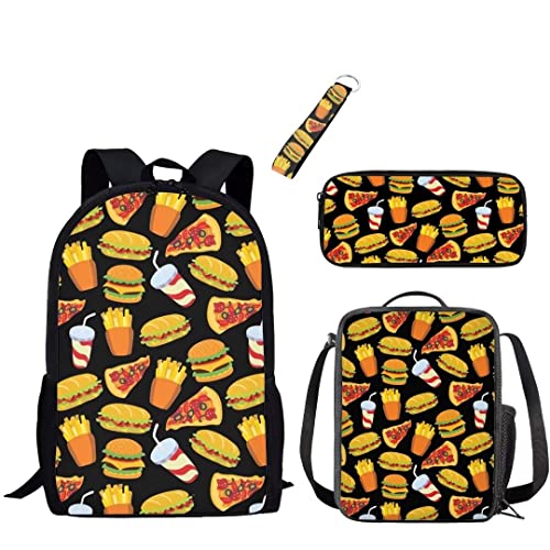 xixirimido Kinder-Schulrucksack-Set mit 3 Lunch-Taschen Federmäppchen Schlüsselanhänger für Jungen Mädchen, Hamburger, Einheitsgröße, Lässiger Tagesrucksack von xixirimido