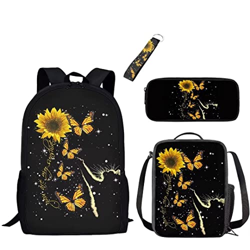 xixirimido Kinder-Schulrucksack-Set mit 3 Lunch-Taschen Federmäppchen Schlüsselanhänger für Jungen Mädchen, Sonnenblumen-Schmetterling, Einheitsgröße, Lässiger Tagesrucksack von xixirimido